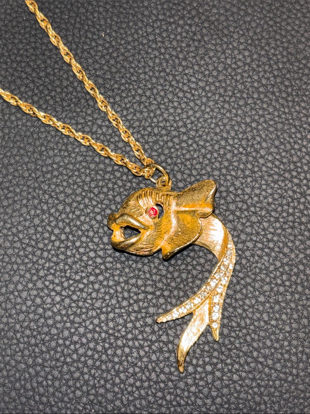 Vintage Gold Fish Pendant Necklace with rhinestone adorned tail